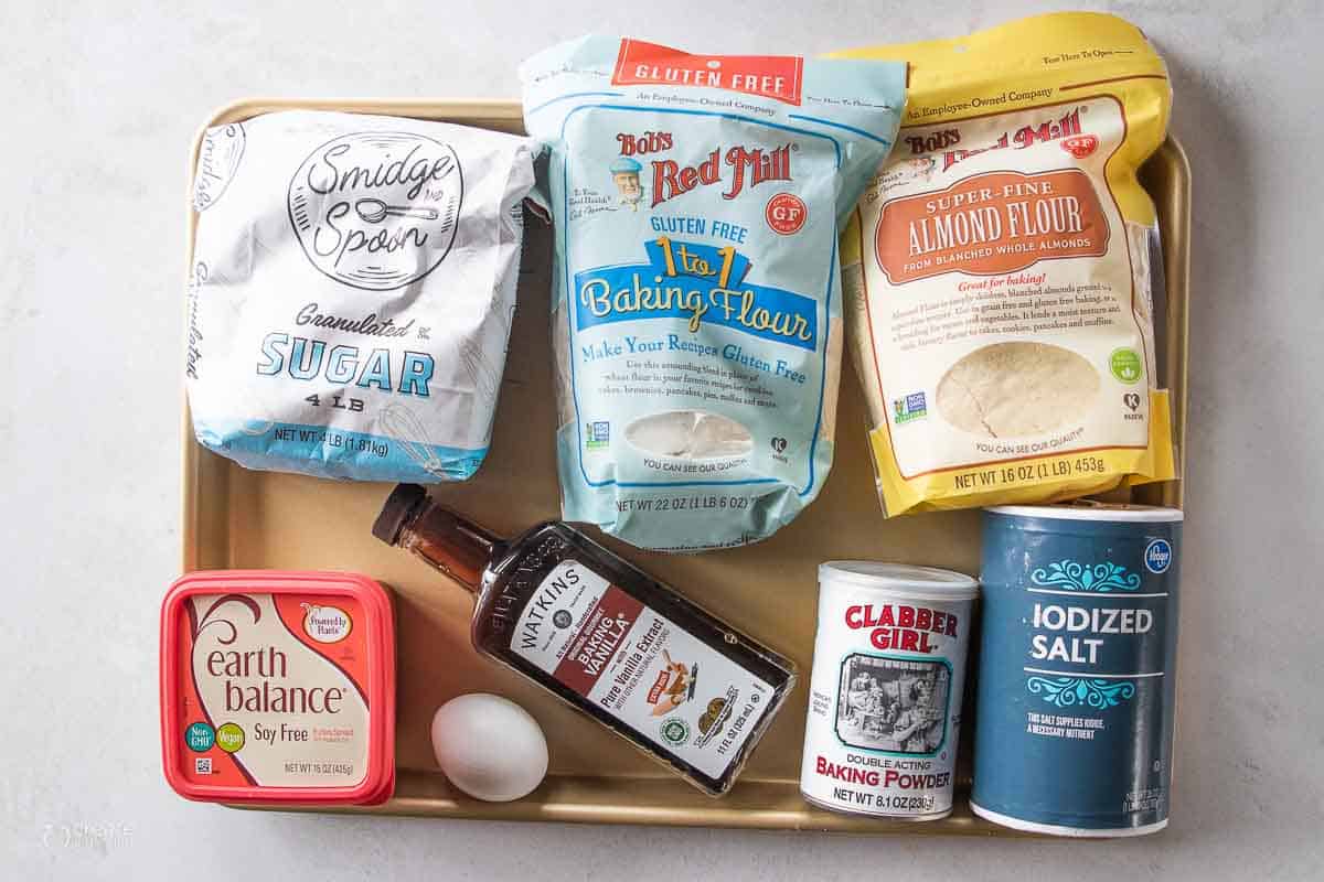 ingredients for gluten free sugar cookies on sheet pan