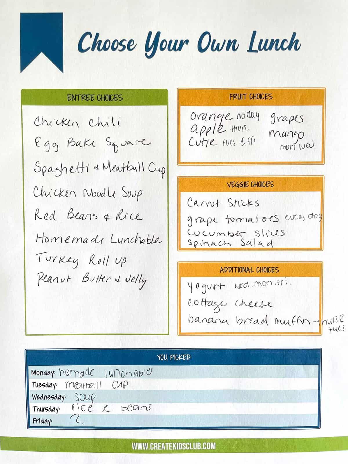 A child filled out version of a printable worksheet for school lunches including entree choices, fruits, veggies, and additional options.