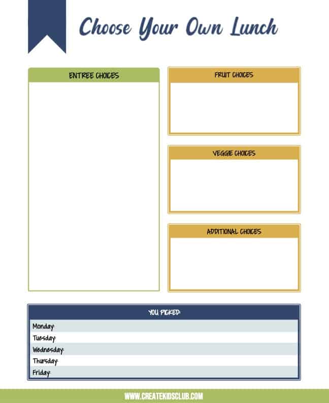 Printable worksheet for school lunches including entree choices, fruits, veggies, and additional options.