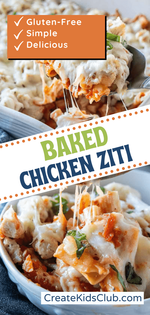 Pinterest image of baked chicken ziti