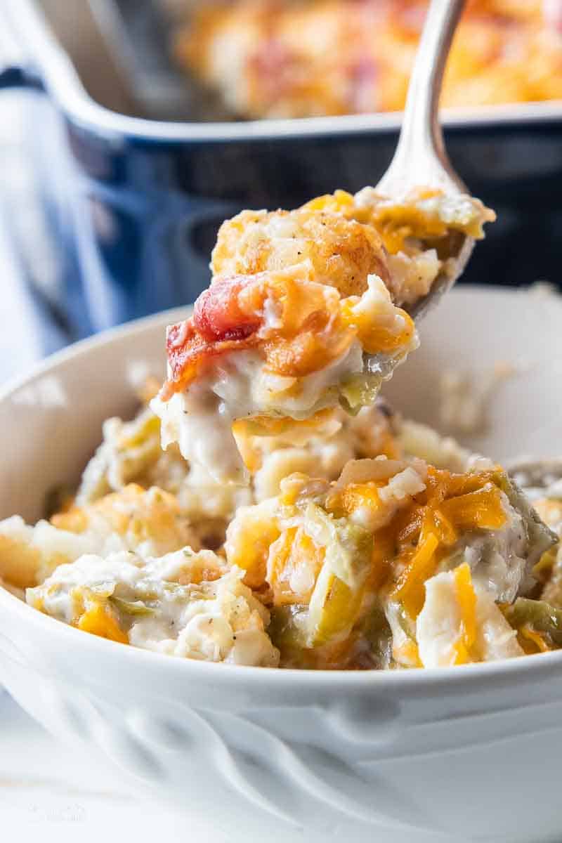 chicken bacon ranch tater tot casserole in bowl