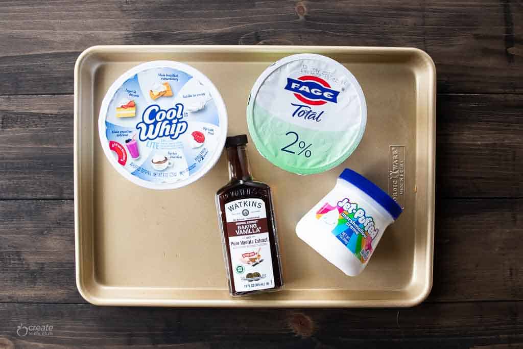 ingredients for fruit dip with cool whip on sheet pan