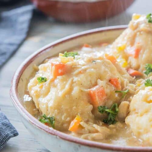 gluten-free chicken and dumplings in soup bowl