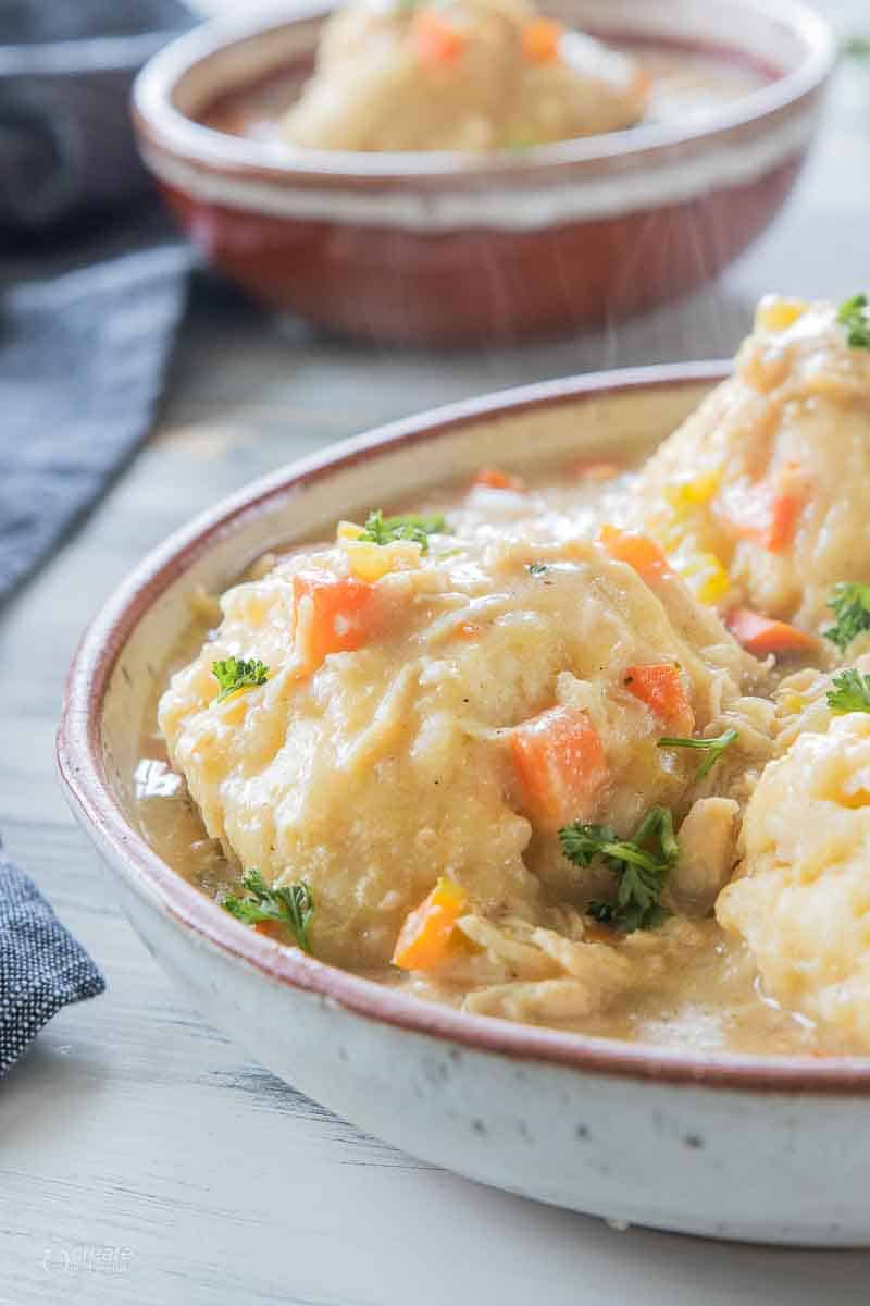 gluten-free chicken and dumplings in soup bowl