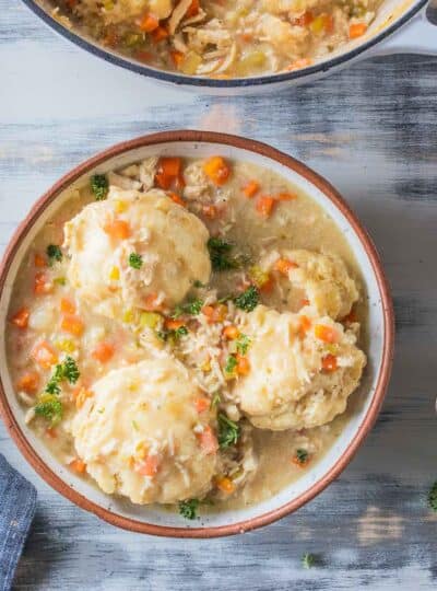 gf chicken and dumplings in soup bowl