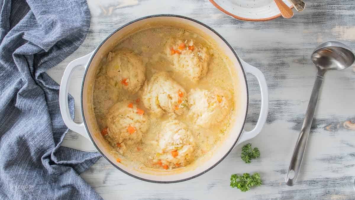 gluten-free chicken and dumplings in pot