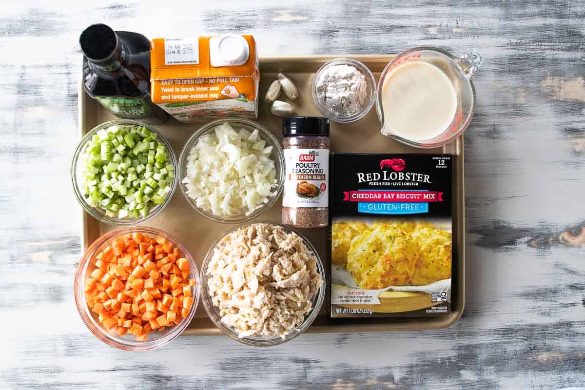 ingredients for gluten free chicken and dumplings on sheet pan