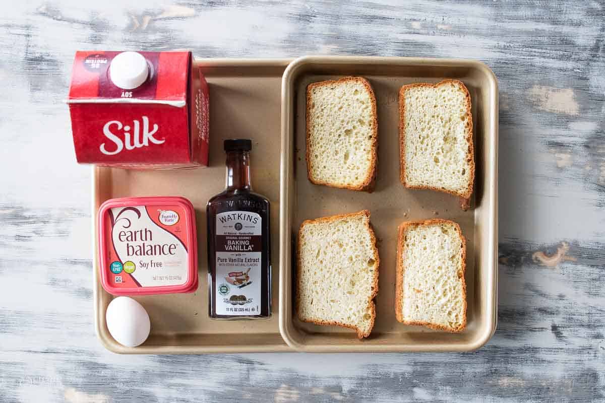 ingredients for gluten free French toast on sheet pan