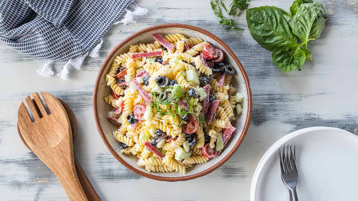 top down view of gluten free pasta salad