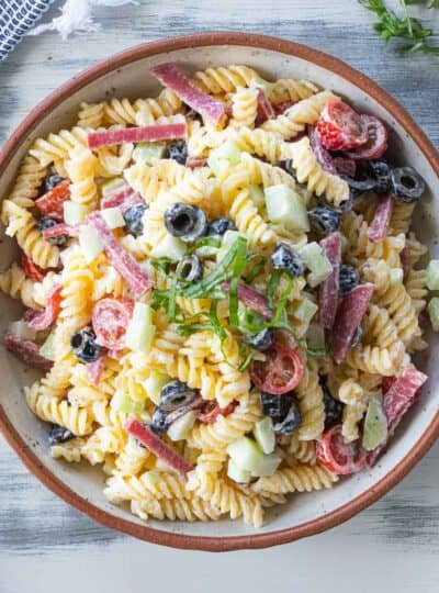 top down view of gluten free pasta salad