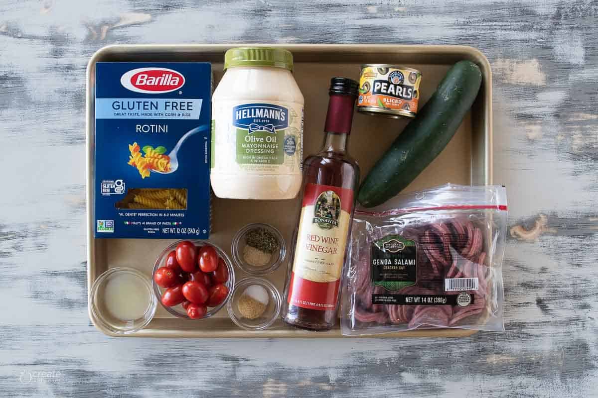 ingredients for gluten free pasta salad on sheet pan