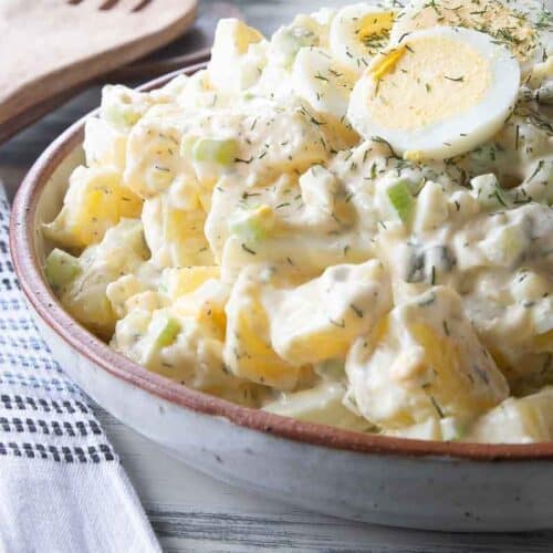 gluten free potato salad in serving bowl