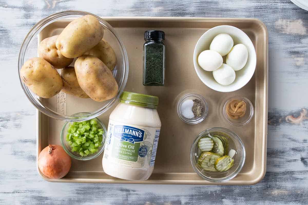 ingredients for gluten free potato salad on sheet pan