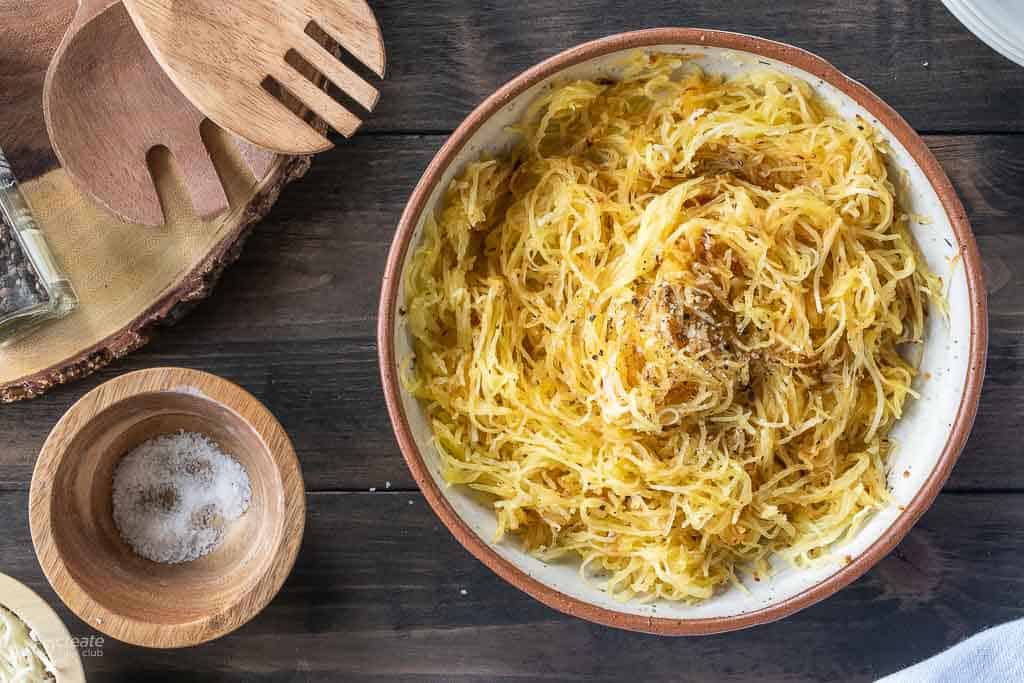 top down view of spaghetti squash in bowl