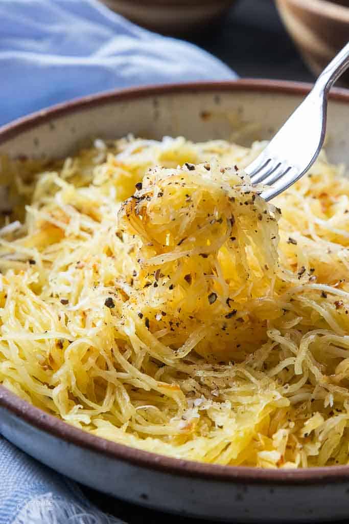 fork scooping spaghetti squash