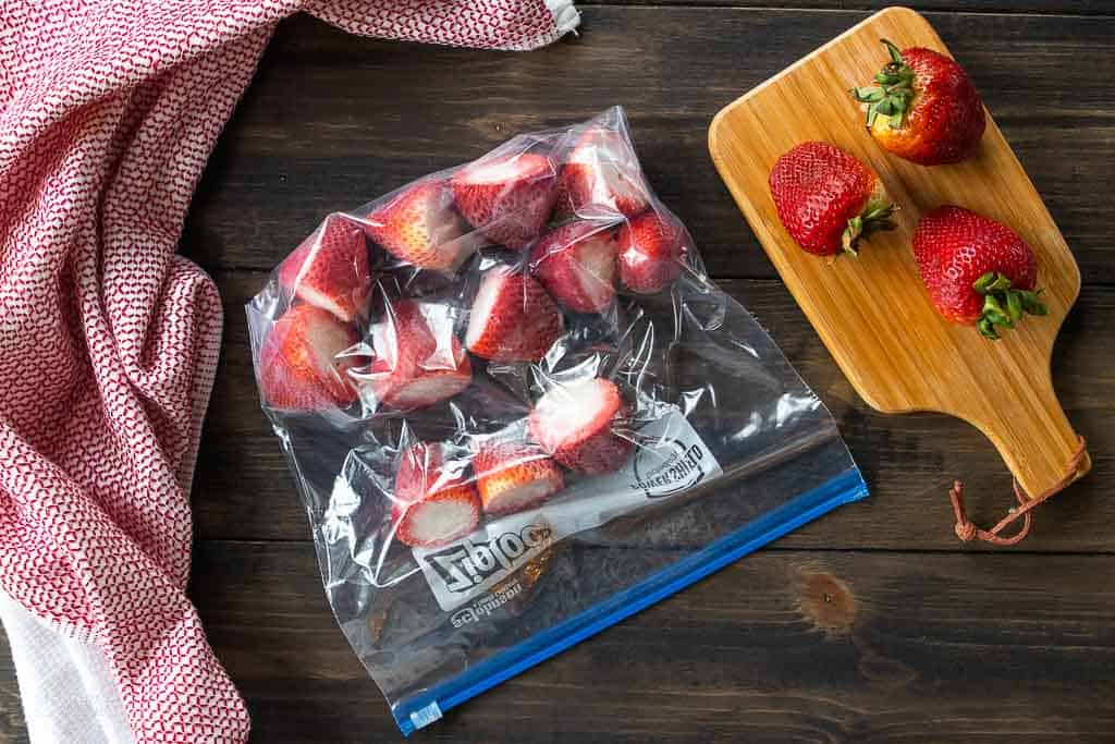 frozen strawberries in Ziploc bag