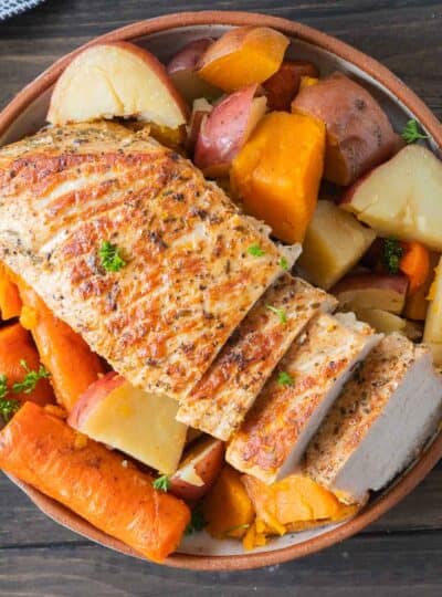 pork roast with vegetables in serving bowl