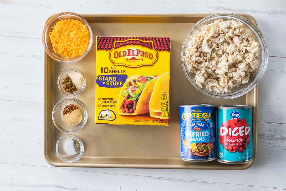 ingredients for oven baked chicken tacos on sheet pan