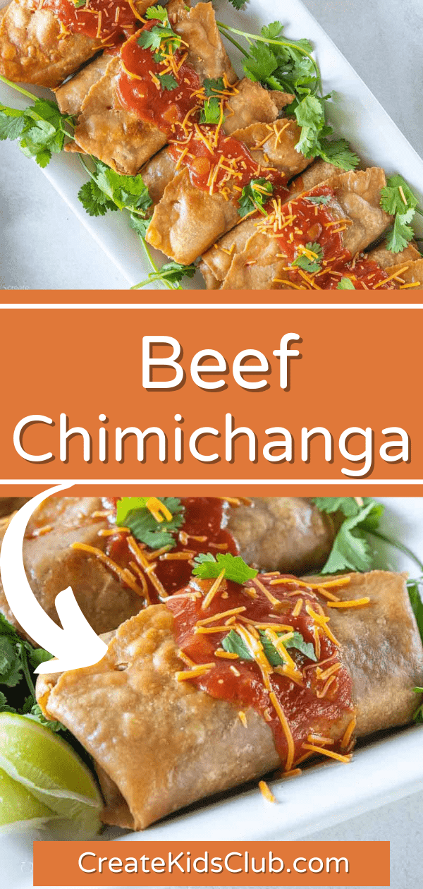 two Pinterest images of beef chimichanga