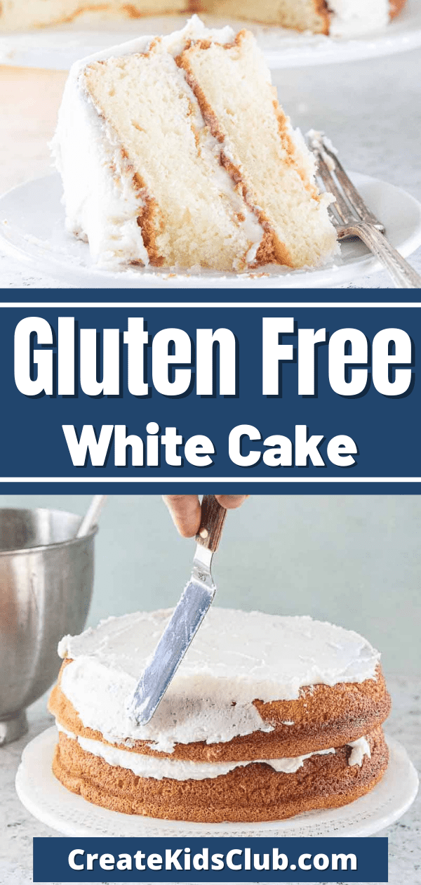 two Pinterest images of gluten free white cake