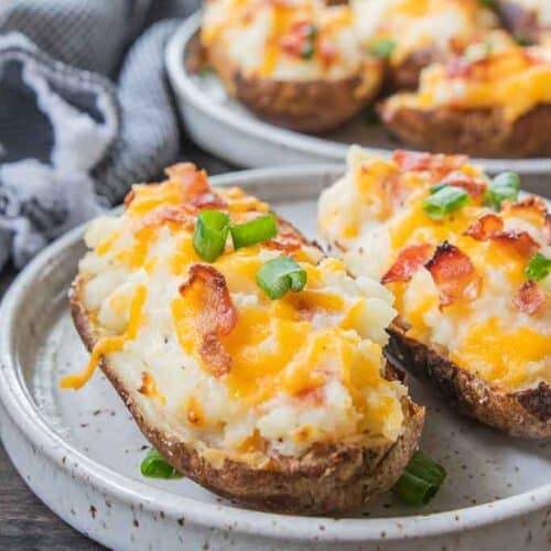side view of air fryer twice baked potatoes