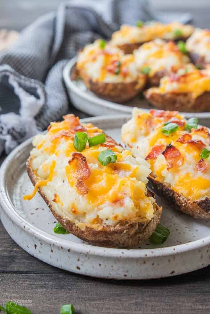 side view of air fryer twice baked potatoes