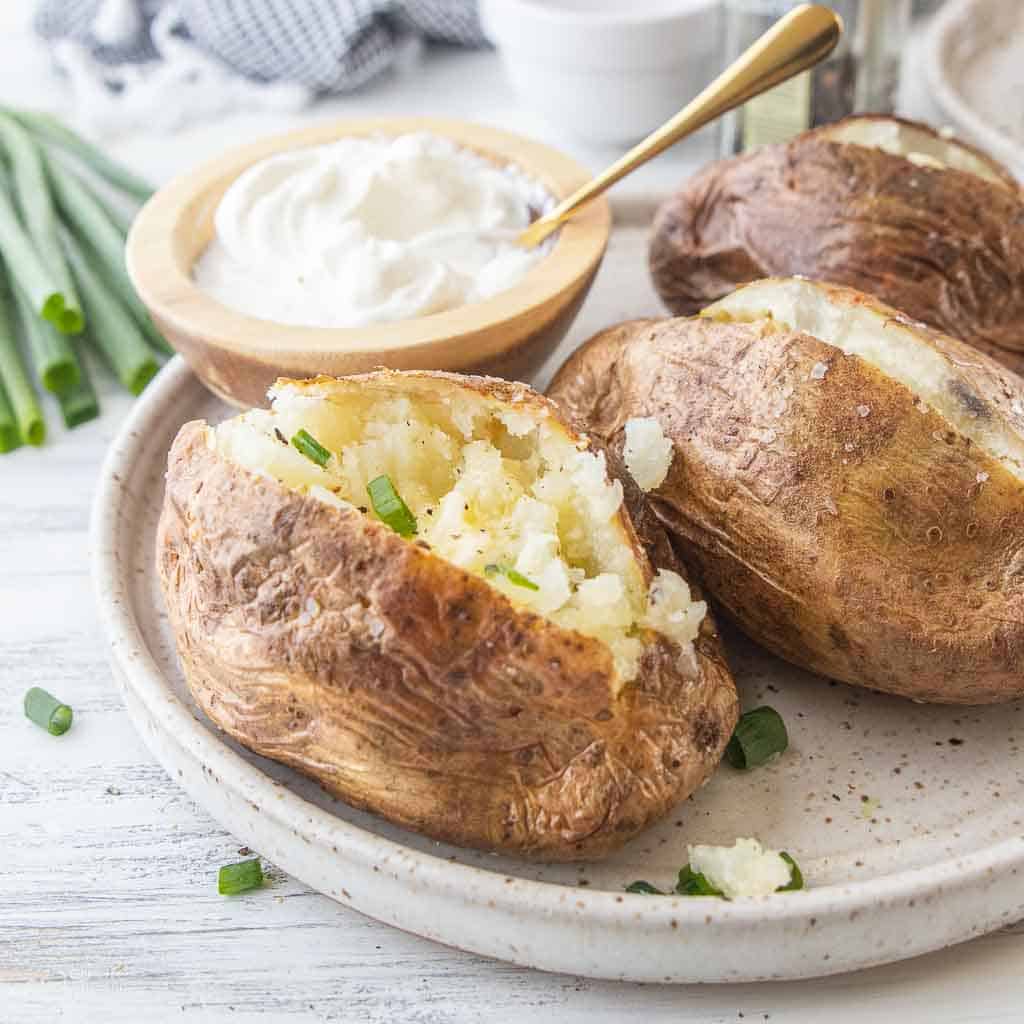 air fried baked potatoes with toppings