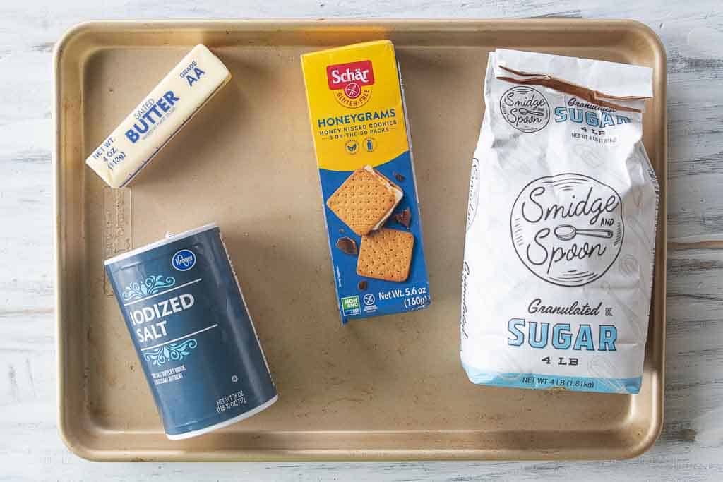 ingredients for gluten free graham cracker crust on sheet pan
