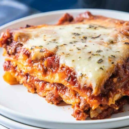 slice of gluten free lasagna on plate