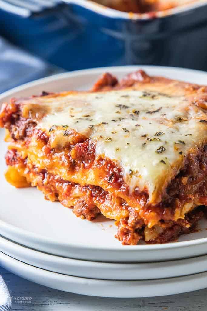 slice of gluten free lasagna on plate