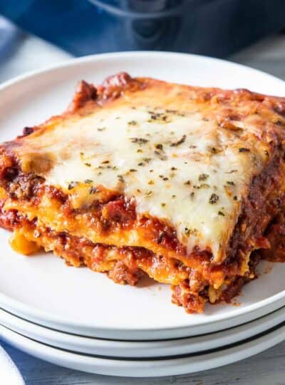 slice of gluten free lasagna on plate