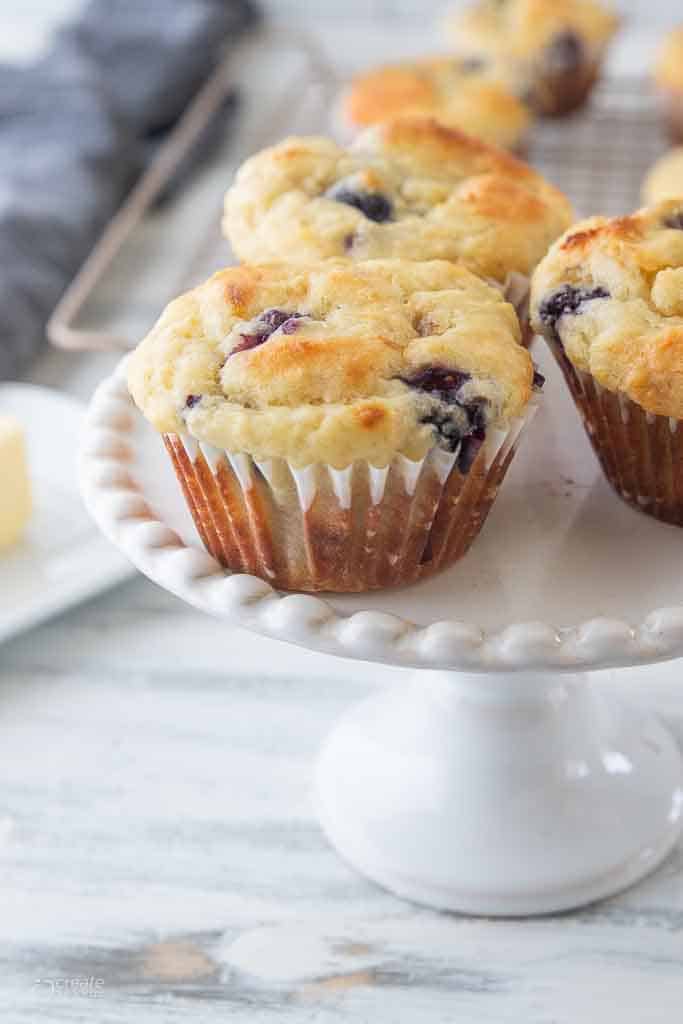 gluten-free blueberry muffins on stand