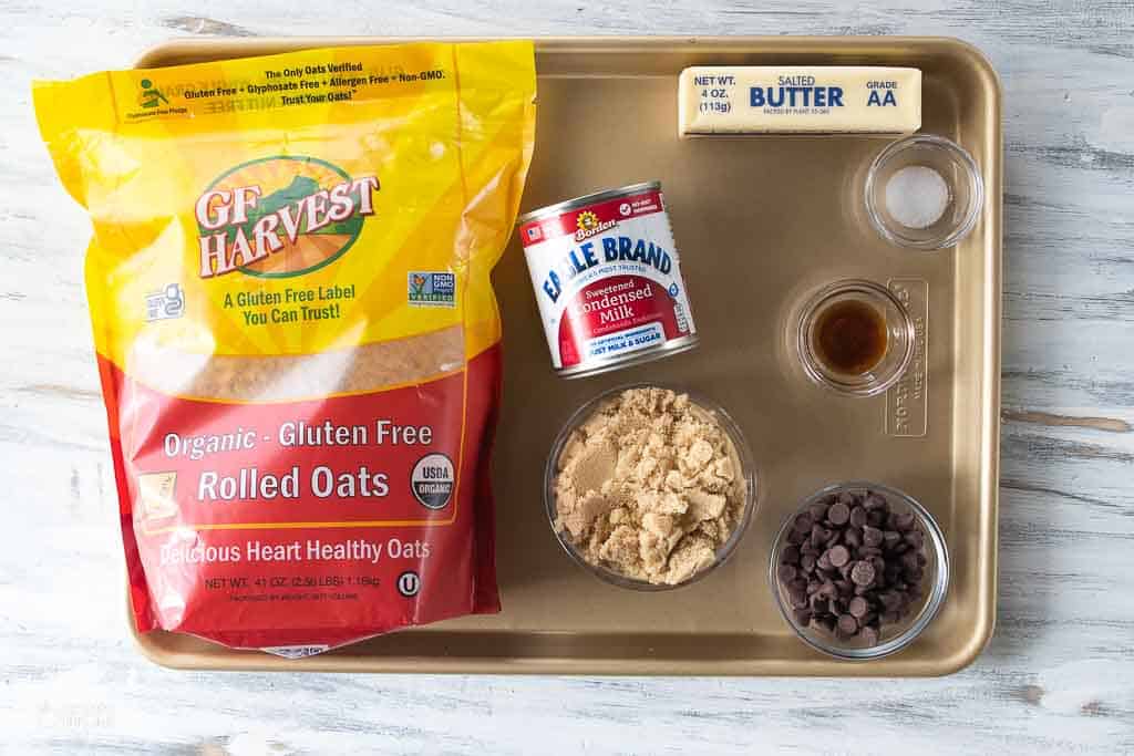 ingredients for no bake cookie dough bites on sheet pan