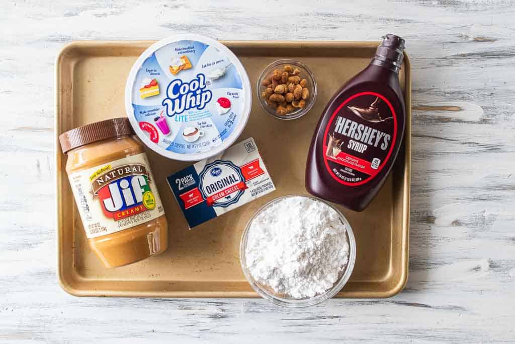 ingredients for no bake peanut butter pie on sheet pan