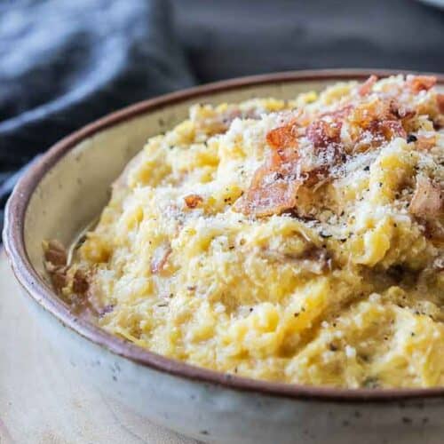 side view of spaghetti squash carbonara