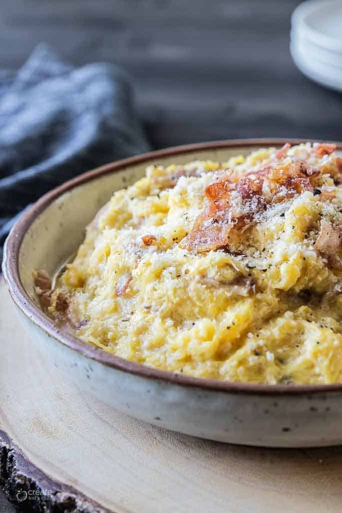 side view of spaghetti squash carbonara