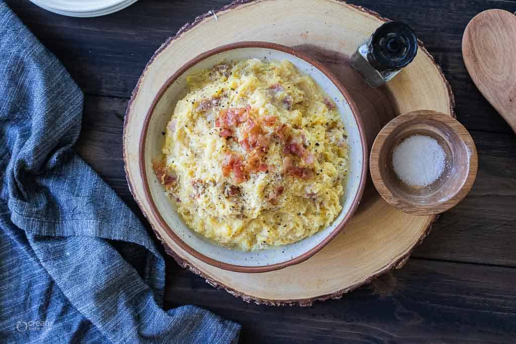 spaghetti squash carbonara in bowl top view