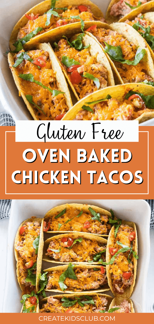 two Pinterest images of oven baked chicken tacos