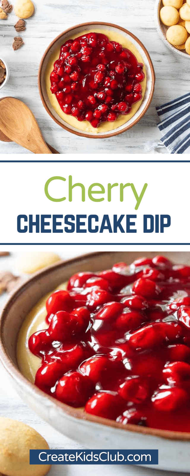 two Pinterest images of cherry cheesecake dip