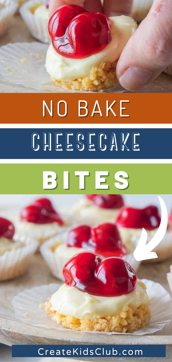 two Pinterest images of no bake cheesecake bites