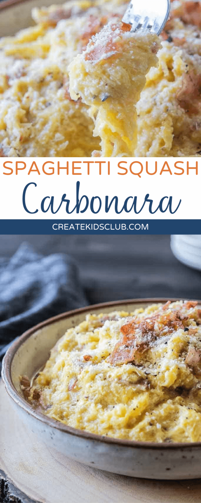 two Pinterest images of spaghetti squash carbonara