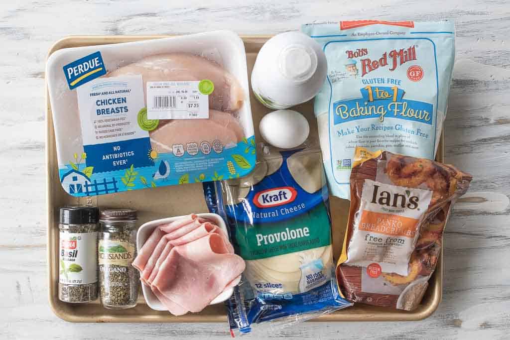 ingredients for air fryer chicken cordon bleu on sheet pan