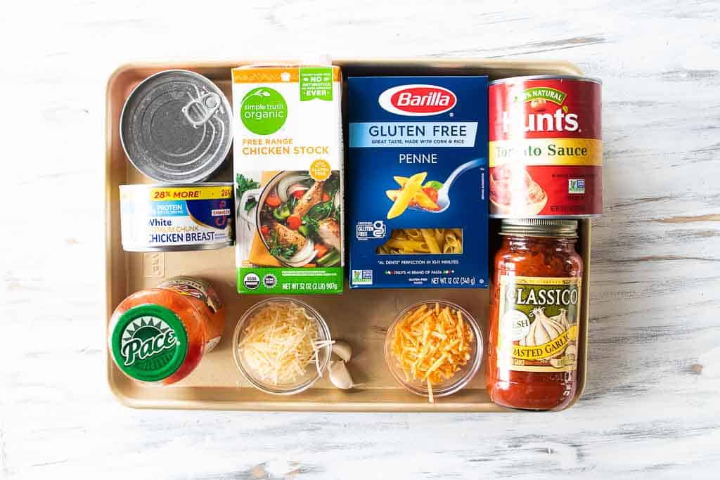 ingredients for crockpot chicken pasta on sheet pan