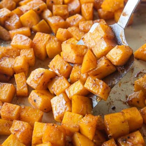 roasted butternut squash with brown sugar on sheet pan