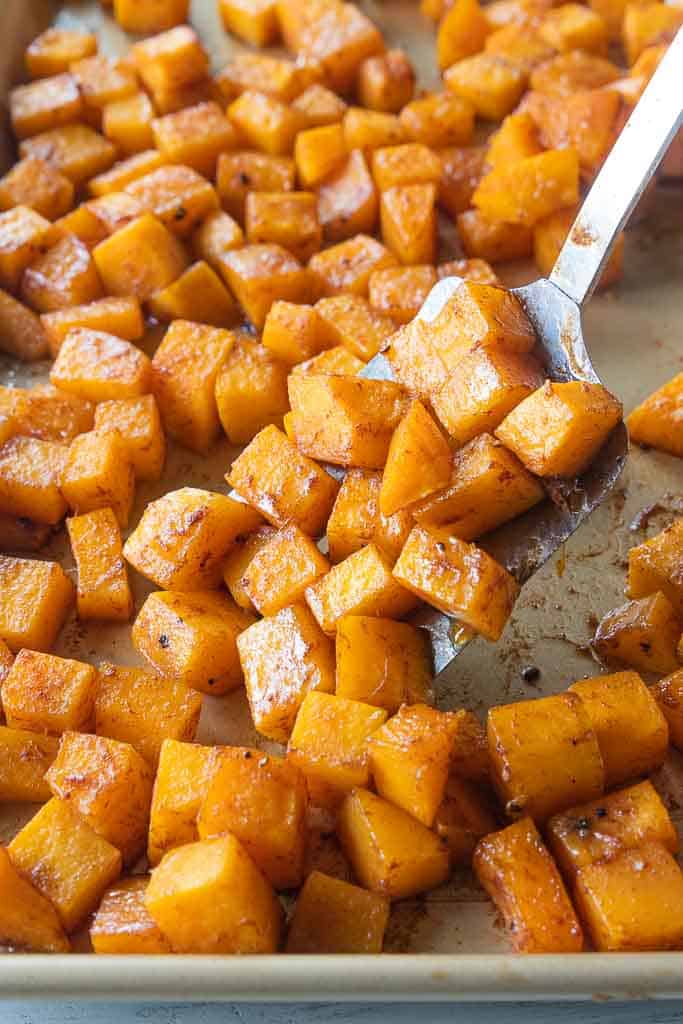 roasted butternut squash with brown sugar on sheet pan