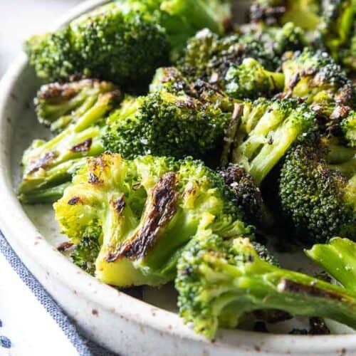 side view of roasted frozen broccoli