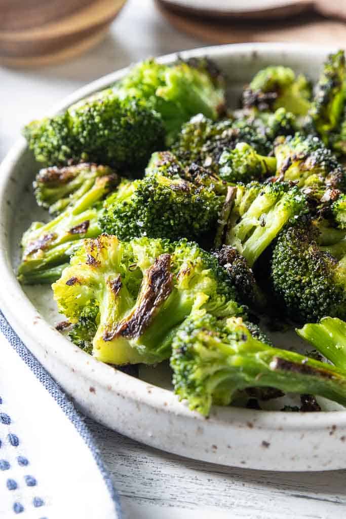 side view of roasted frozen broccoli