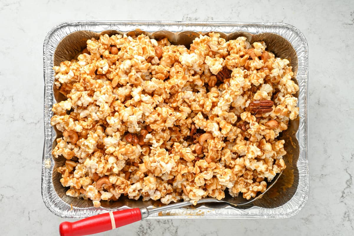 top down view of caramel corn with nuts