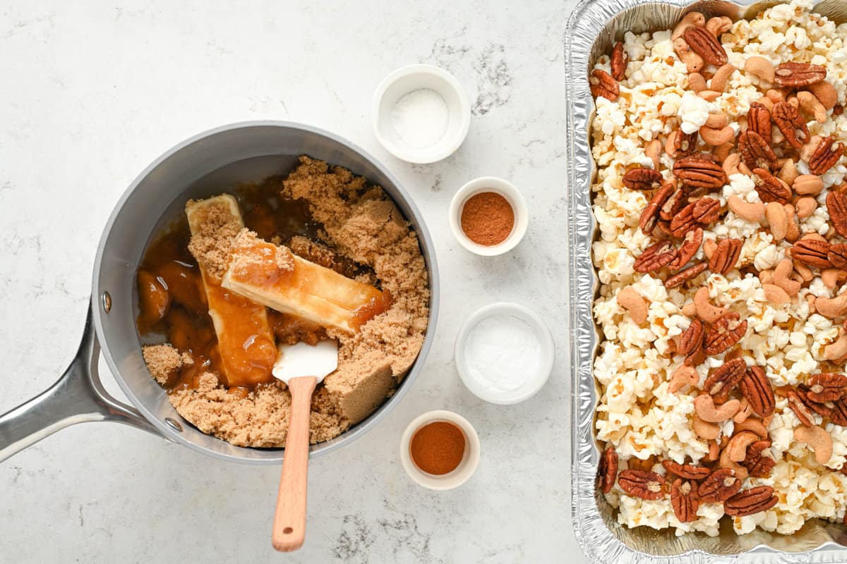 top down shot of ingredients for homemade pumpkin spice popcorn