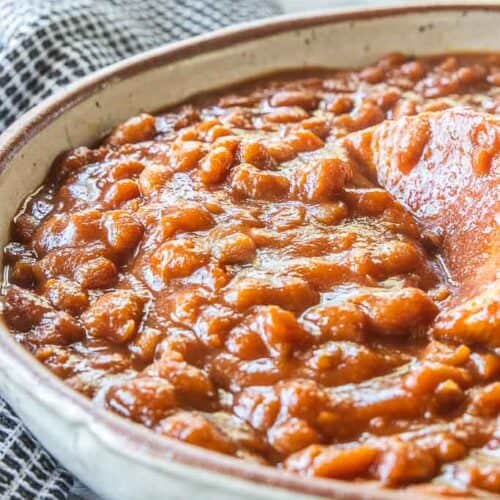 side view of crockpot baked beans